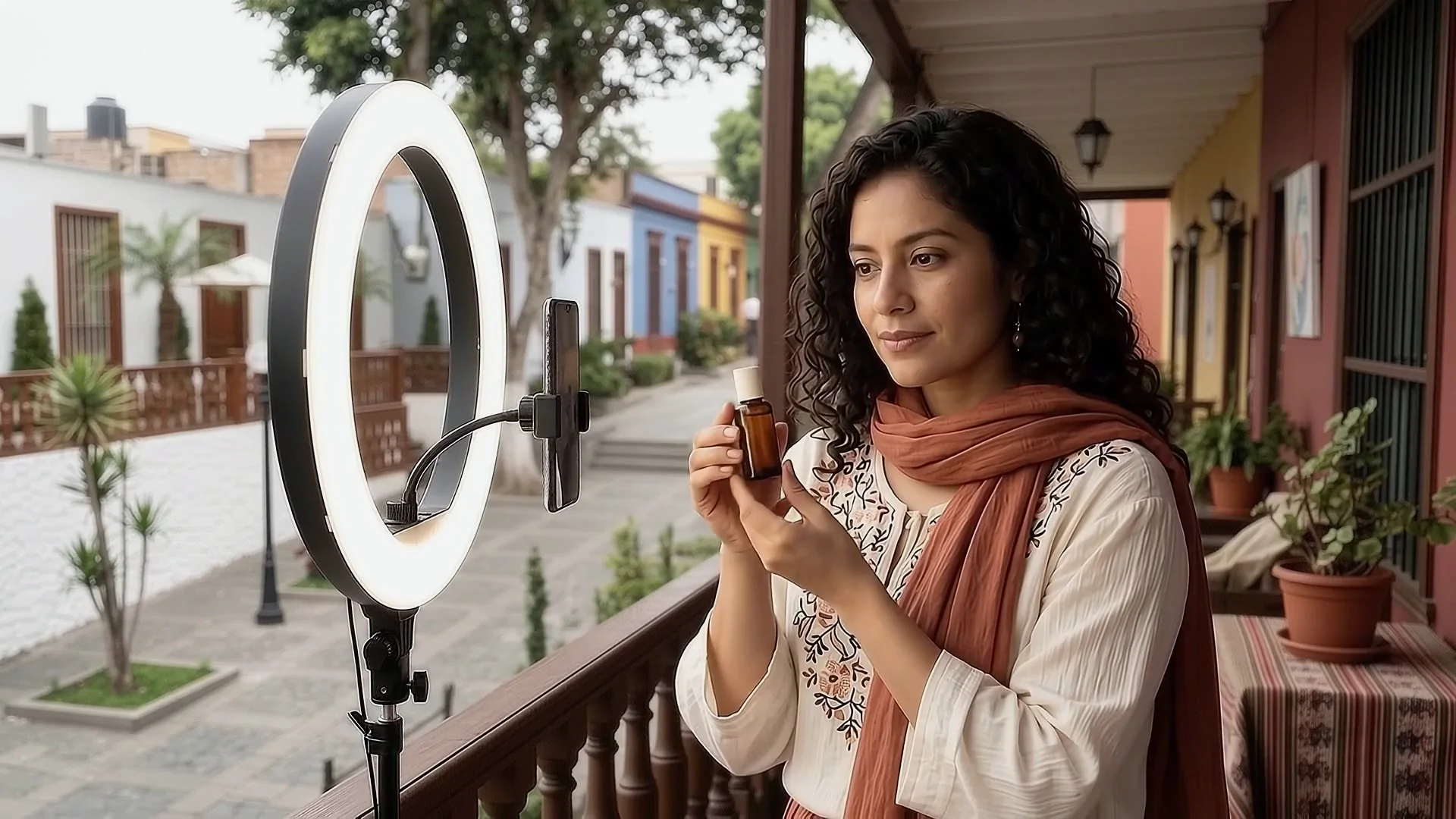 Una creadora presenta un producto de skincare frente a cámara.